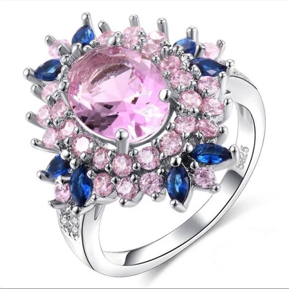 Pink Cubic Zirconia With Blue Zirconia  Ring GENUINE 925 Sterling Silver - Picture 2 of 5